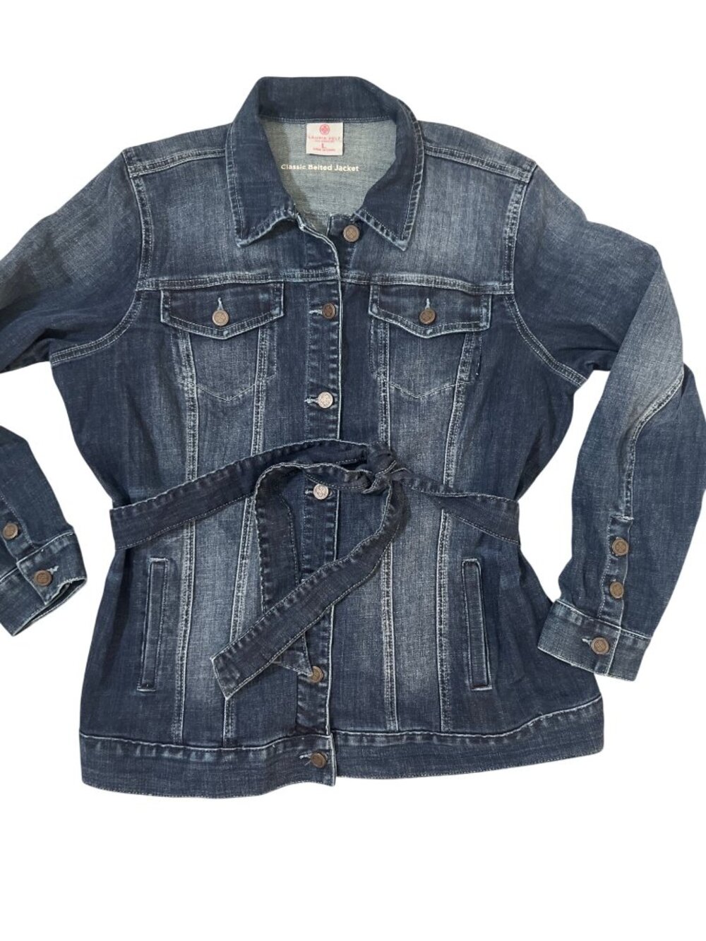 Laurie Felt Los Angeles Classic Denim Belted Jean Jacket Dark Wash Large